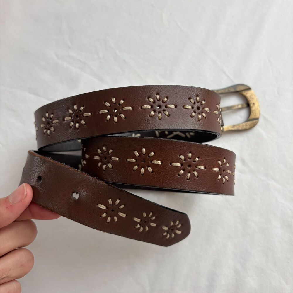 Vintage 100% Leather Brown Belt Embroidered Brass Hardware Boho Cottagecore L